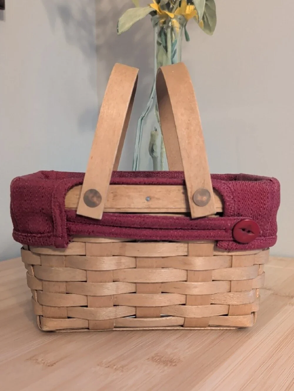 Longaberger Little Market Basket with Burgundy Fabric Trim and Natural Wood